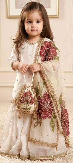 White and Off White color Kids Salwar in Silk fabric with Embroidered, Sequence work