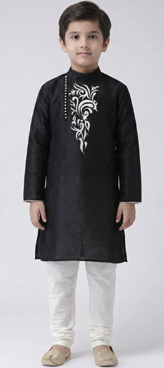 Black and Grey color Boys Kurta Pyjama in Art Dupion Silk fabric with Embroidered work