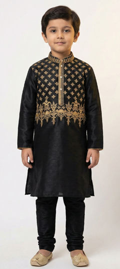 Black and Grey color Boys Kurta Pyjama in Art Dupion Silk fabric with Embroidered work