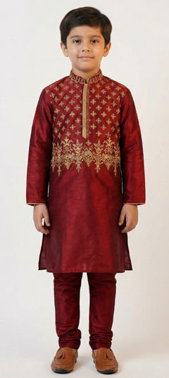 Red and Maroon color Boys Kurta Pyjama in Art Dupion Silk fabric with Embroidered work