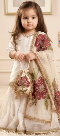 White and Off White color Kids Salwar in Silk fabric with Sequence work