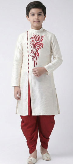 White and Off White color Boys Dhoti Kurta in Art Dupion Silk fabric with Embroidered work
