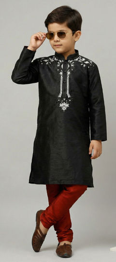 Black and Grey color Boys Kurta Pyjama in Art Dupion Silk fabric with Embroidered work