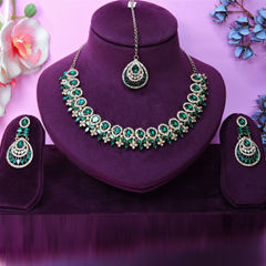 Gold Rodium Polish Green color Necklace in Metal Alloy studded with CZ Diamond