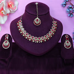 Gold Rodium Polish Red and Maroon color Necklace in Metal Alloy studded with CZ Diamond