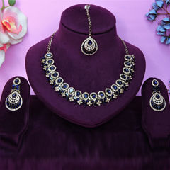 Gold Rodium Polish Blue color Necklace in Metal Alloy studded with CZ Diamond