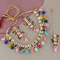 Gold Rodium Polish Multicolor color Necklace in Metal Alloy studded with Kundan