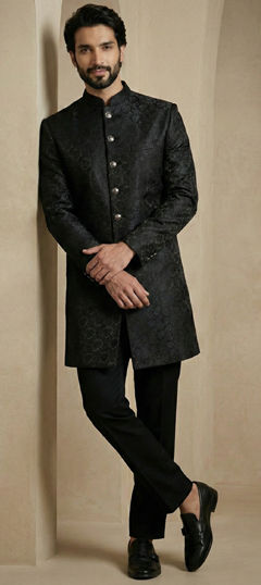 Black and Grey color IndoWestern Dress in Jacquard fabric with Weaving work