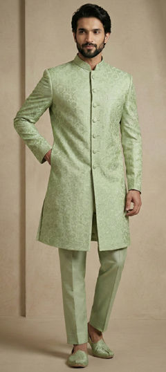 Green color IndoWestern Dress in Jacquard fabric with Weaving work