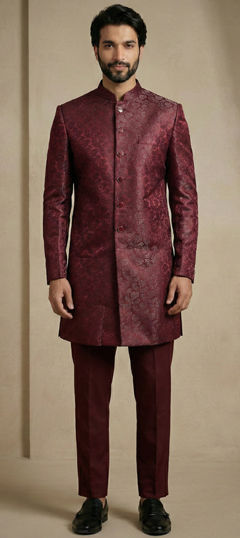 Red and Maroon color IndoWestern Dress in Jacquard fabric with Weaving work