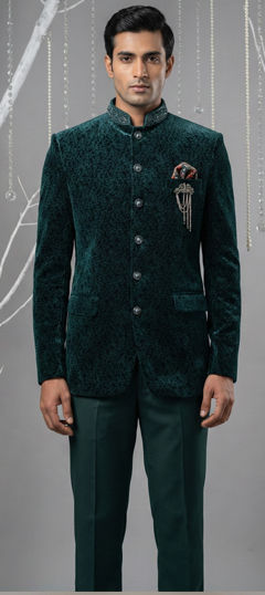 Green color Jodhpuri Suit in Velvet fabric with Broches work