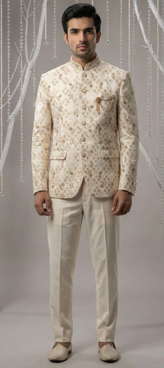 White and Off White color Jodhpuri Suit in Silk fabric with Broches work