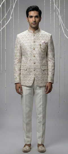 Beige and Brown color Jodhpuri Suit in Silk fabric with Broches work