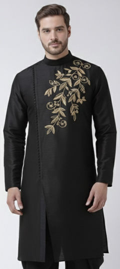 Black and Grey color Kurta in Dupion Silk fabric with Embroidered work