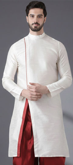 White and Off White color Kurta in Dupion Silk fabric with Embroidered work