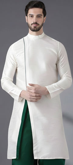 White and Off White color Kurta in Dupion Silk fabric with Embroidered work