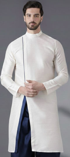 White and Off White color Kurta in Dupion Silk fabric with Embroidered work