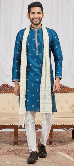 Blue color Kurta Pyjamas in Art Silk fabric with Embroidered work