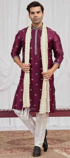 Red and Maroon color Kurta Pyjamas in Art Silk fabric with Embroidered work