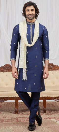 Blue color Kurta Pyjamas in Art Silk fabric with Embroidered work