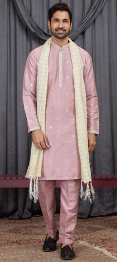 Pink and Majenta color Kurta Pyjamas in Art Silk fabric with Embroidered work