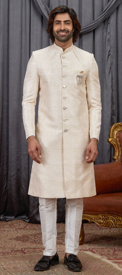 Beige and Brown color IndoWestern Dress in Jacquard fabric with Broches, Weaving work