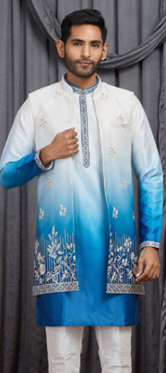 Blue color Nehru Jacket in Art Silk fabric with Embroidered work