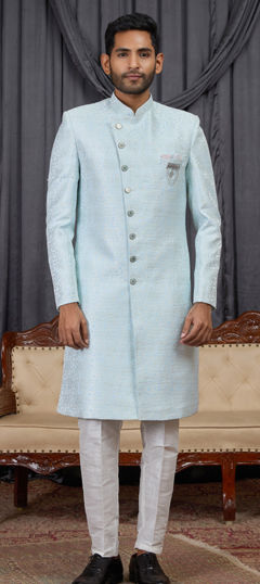 Blue color IndoWestern Dress in Jacquard fabric with Broches, Weaving work