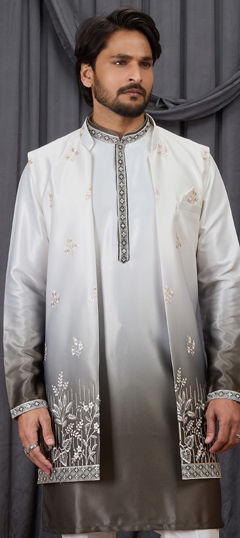 Green color Nehru Jacket in Art Silk fabric with Embroidered work