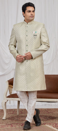 Green color IndoWestern Dress in Jacquard fabric with Broches, Weaving work