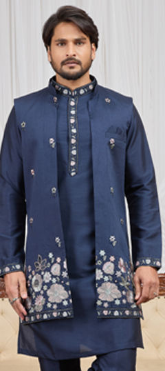 Blue color Nehru Jacket in Art Silk fabric with Embroidered work