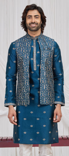 Blue color Nehru Jacket in Art Silk fabric with Embroidered work