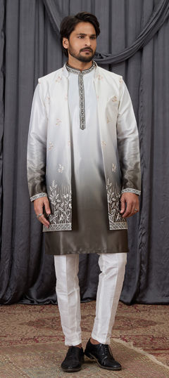 Green color Kurta Pyjama with Jacket in Art Silk fabric with Embroidered work