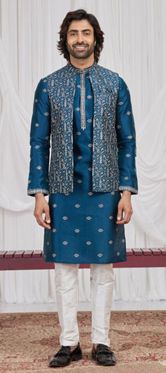 Blue color Kurta Pyjama with Jacket in Art Silk fabric with Embroidered work