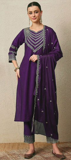 Purple and Violet color Salwar Kameez in Roman Silk fabric with Embroidered work
