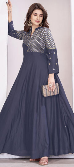 Blue color Gown in Muslin fabric with Embroidered, Thread work