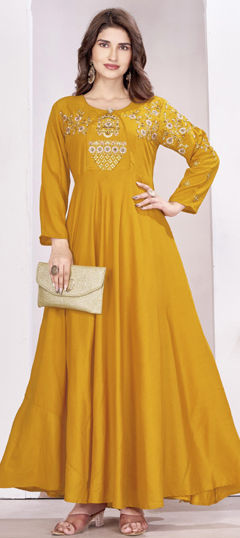 Yellow color Gown in Muslin fabric with Embroidered, Thread work