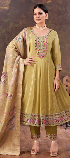 Beige and Brown color Salwar Kameez in Silk fabric with Embroidered, Sequence, Thread work