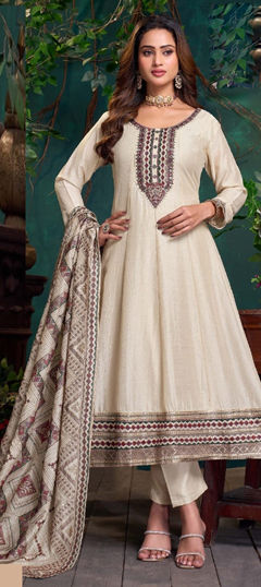 White and Off White color Salwar Kameez in Silk fabric with Embroidered, Sequence, Thread work