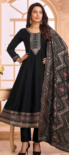 Black and Grey color Salwar Kameez in Silk fabric with Embroidered, Sequence, Thread work