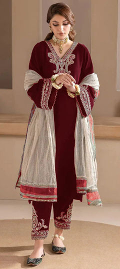 Red and Maroon color Salwar Kameez in Velvet fabric with Embroidered, Thread, Zari work