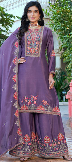 Purple and Violet color Salwar Kameez in Chinon Silk fabric with Embroidered, Sequence, Thread work