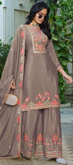 Beige and Brown color Salwar Kameez in Chinon Silk fabric with Embroidered, Sequence, Thread work