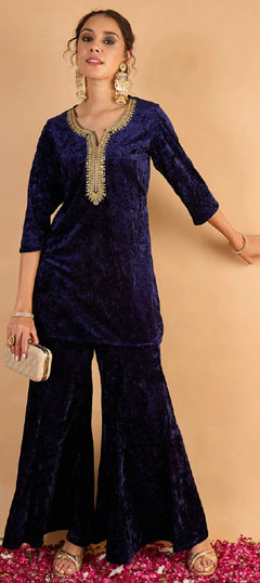 Black and Grey color Salwar Kameez in Velvet fabric with Sequence, Thread work
