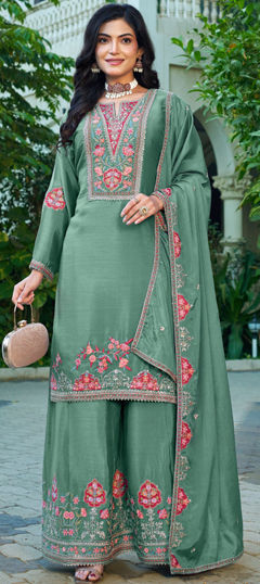 Green color Salwar Kameez in Chinon Silk fabric with Embroidered, Sequence, Thread work