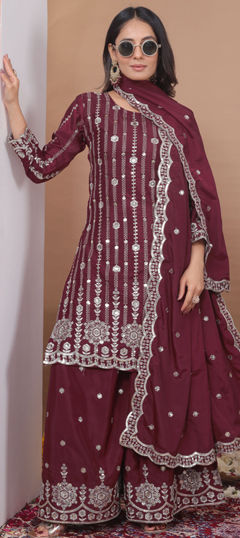 Red and Maroon color Salwar Kameez in Crepe Silk fabric with Embroidered, Sequence, Thread work