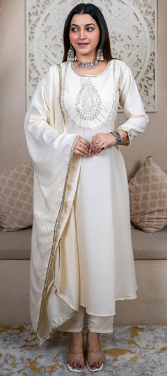 White and Off White color Salwar Kameez in Blended, Silk fabric with Bugle Beads, Embroidered work