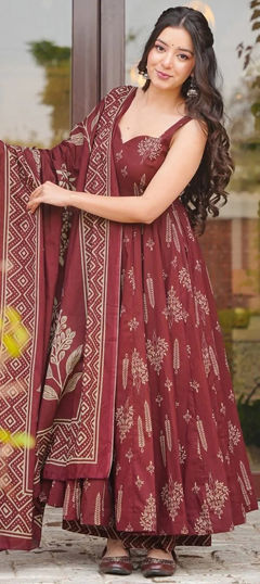 Red and Maroon color Salwar Kameez in Muslin fabric with Digital Print work
