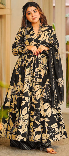 Beige and Brown, Black and Grey color Salwar Kameez in Muslin fabric with Digital Print work