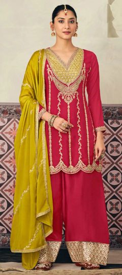 Pink and Majenta color Salwar Kameez in Chinon Silk fabric with Embroidered, Zircon work